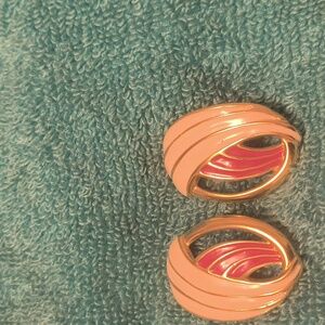 Vintage Monet pierced earrings. White Red and trimmed in Gold.